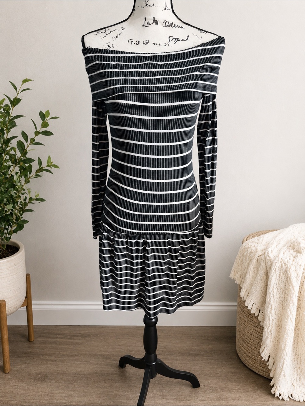 Love For Humanity Black & White Striped Off Shoulder Long Sleeve Ruffle Dress